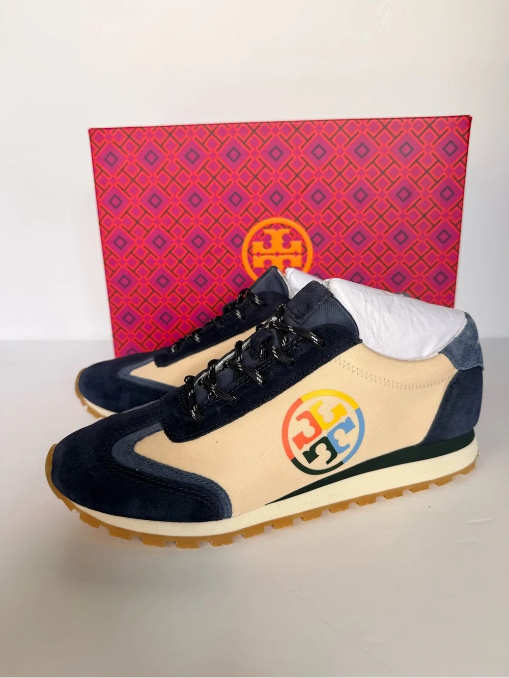 Tory Burch Annie Nylon Runner Sneakers New Cream Tempesta Blue Suede 7.5